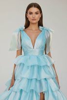 KissProm-August Sky Blue Glitter Tie Straps Pink Plunging Neck Tiered Long Prom Dress