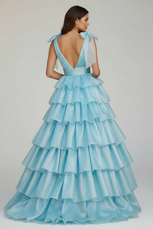 Glitter Tie Straps Pink Plunging Neck Tiered Long Prom Dress - KISSPROM PROM DRESSES