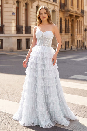 Glitter Tulle Corset Ruffle Tiered Long Prom Dress with Slit - KissProm