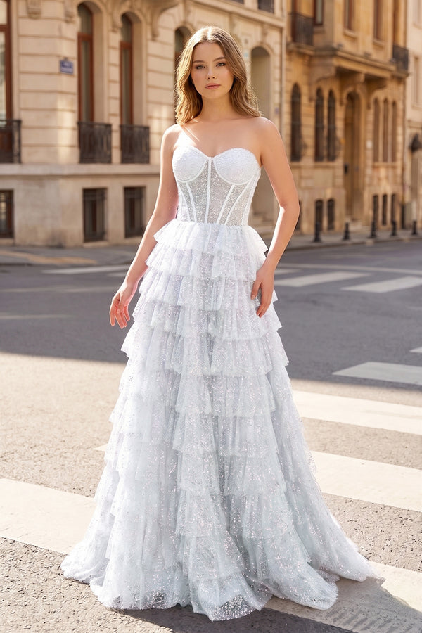 Glitter Tulle Corset Ruffle Tiered Long Prom Dress with Slit - KissProm