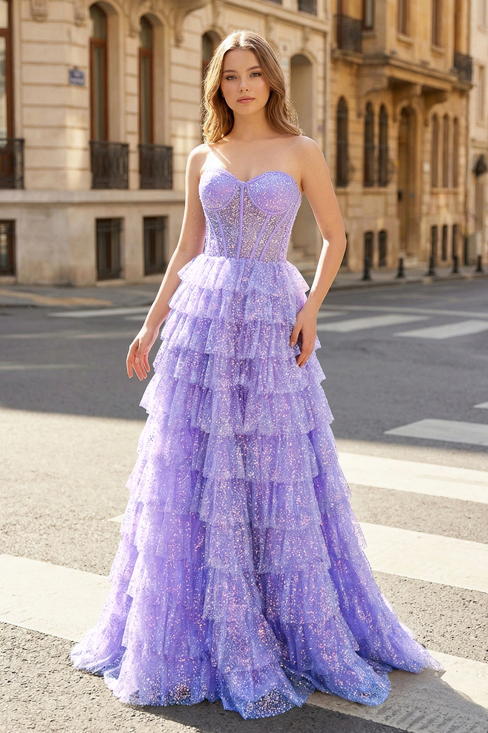 KissProm-Lavender Glitter Tulle Corset Ruffle Tiered Long Prom Dress with Slit