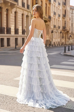 Glitter Tulle Corset Ruffle Tiered Long Prom Dress with Slit - KissProm
