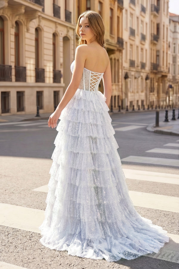 Glitter Tulle Corset Ruffle Tiered Long Prom Dress with Slit - KissProm