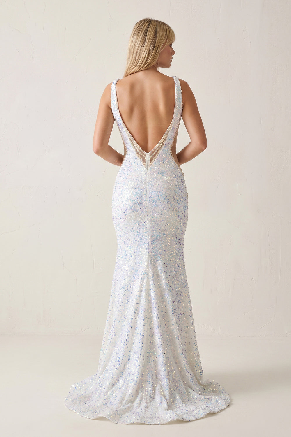Glitter V-Neck Backless Sequins Long Mermaid Prom Dress - KissProm