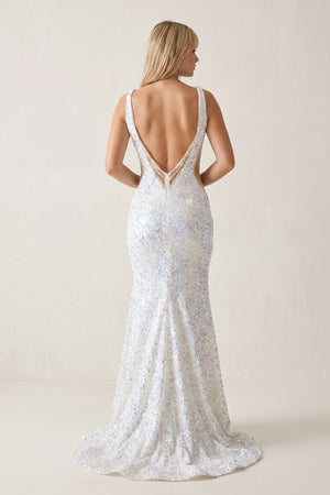 Glitter V-Neck Backless Sequins Long Mermaid Prom Dress - KissProm