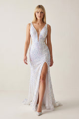 Glitter V-Neck Backless Sequins Long Mermaid Prom Dress - KissProm