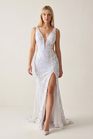 Glitter V-Neck Backless Sequins Long Mermaid Prom Dress - KissProm