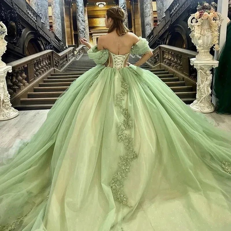 Sage Green Off Shoulder Beading Floral Appliqué Quinceanera Dress
