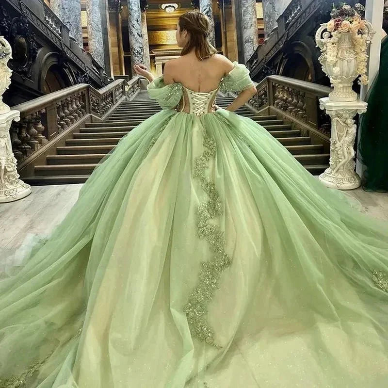 Sage Green Off Shoulder Beading Floral Appliqu Quinceanera Dress Sage Green / 14 Sage Green Off Shoulder Beading Floral Appliqu Quinceanera Dress Sage Green / 14