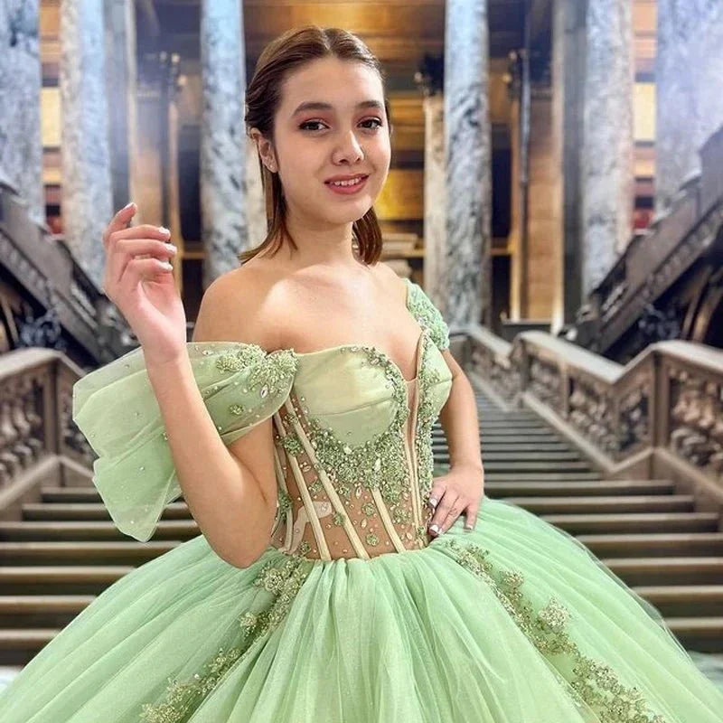 Sage Green Off Shoulder Beading Floral Appliqu Quinceanera Dress Sage Green / 14 Sage Green Off Shoulder Beading Floral Appliqu Quinceanera Dress Sage Green / 14