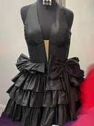 Glydah | Black - Halter A Line Ruffles Satin Homecoming Dress With Bow