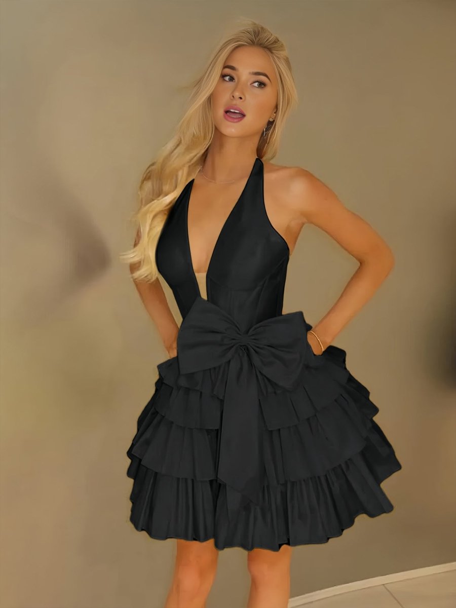 Glydah | Black - Halter A Line Ruffles Satin Homecoming Dress With Bow