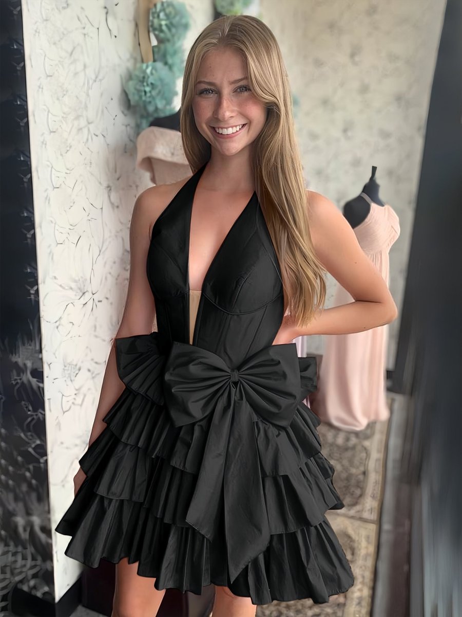Glydah | Black - Halter A Line Ruffles Satin Homecoming Dress With Bow