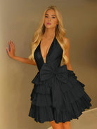 Glydah | Black - Halter A Line Ruffles Satin Homecoming Dress With Bow