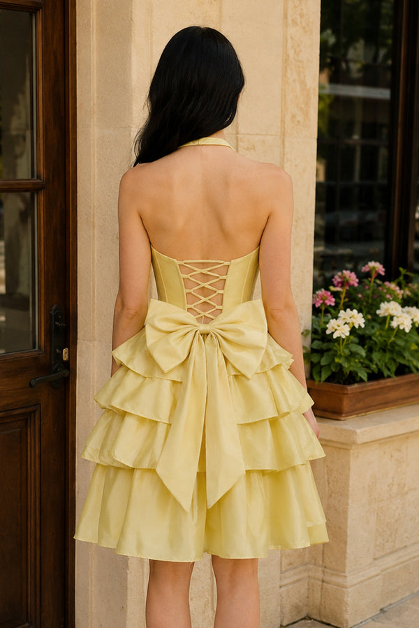 Yellow - Halter A Line Ruffles Satin Homecoming Dress With Bow - KissProm