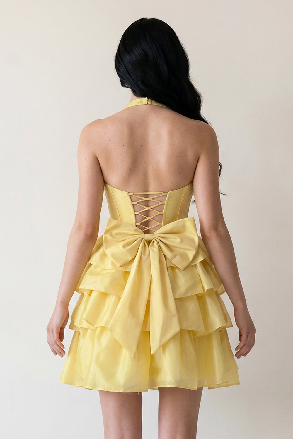 Yellow - Halter A Line Ruffles Satin Homecoming Dress With Bow - KissProm