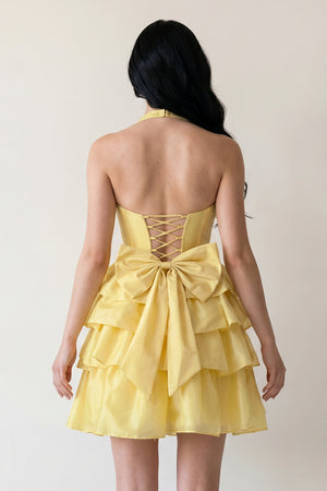 Yellow - Halter A Line Ruffles Satin Homecoming Dress With Bow - KissProm