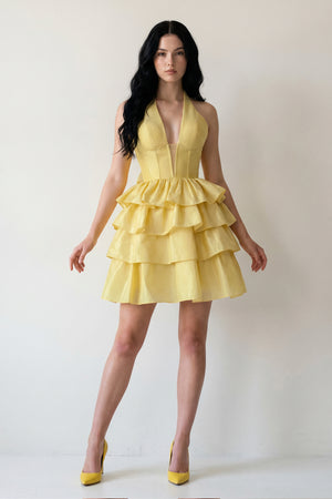Yellow - Halter A Line Ruffles Satin Homecoming Dress With Bow - KissProm