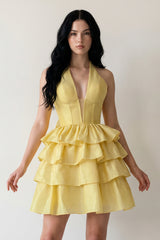 Yellow - Halter A Line Ruffles Satin Homecoming Dress With Bow - KissProm