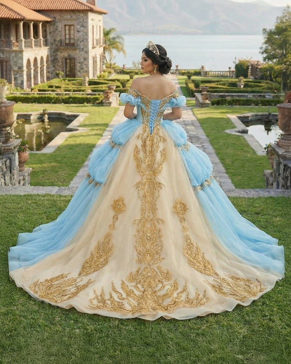 Gold Appliqued Double Colored Corset Back Quinceañera Dress - KissProm