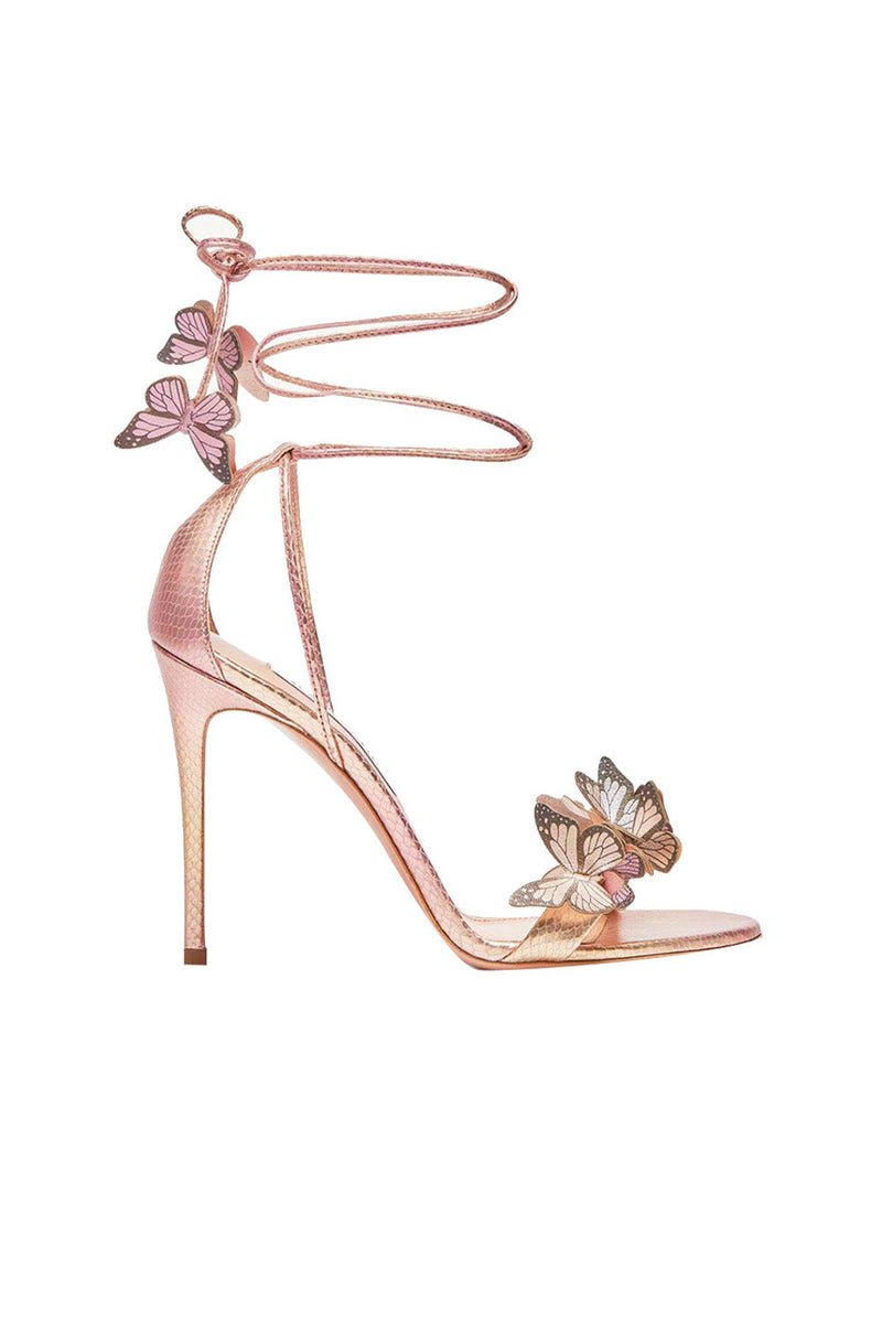 Lace-Up High Heel Sandals with Butterfly Accents - Gold