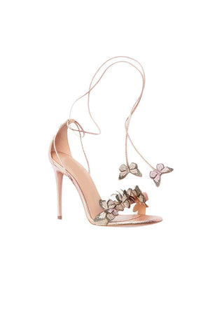Gold Butterfly Embellished Lace Up High Heel Sandals - KissProm