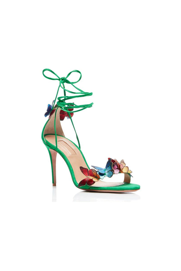 Gold Butterfly Embellished Lace Up High Heel Sandals - KissProm