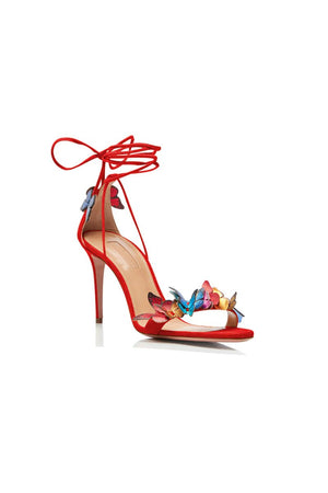Gold Butterfly Embellished Lace Up High Heel Sandals - KissProm