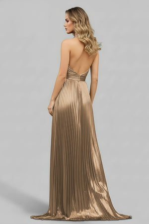 Peacock Blue Halter Neck A - Line Long Prom Dress With Split - KissProm