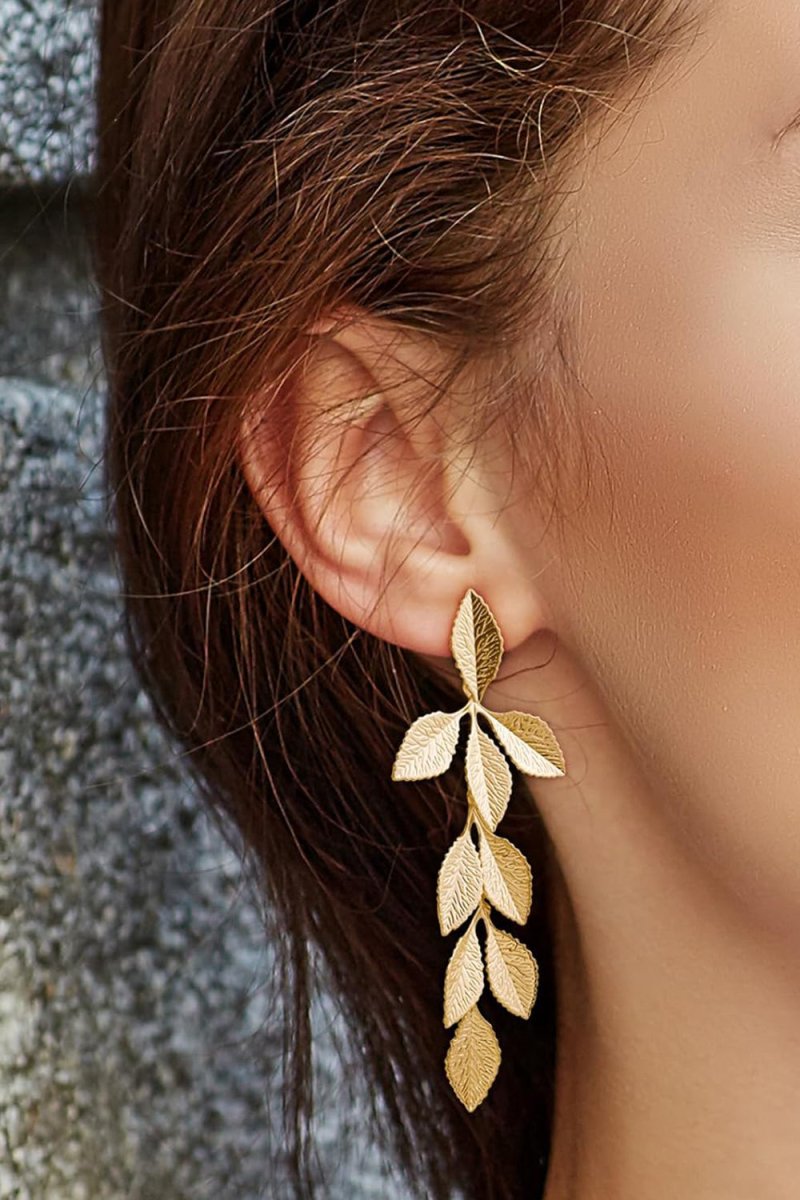 Gold Long Leaf Stud Earrings