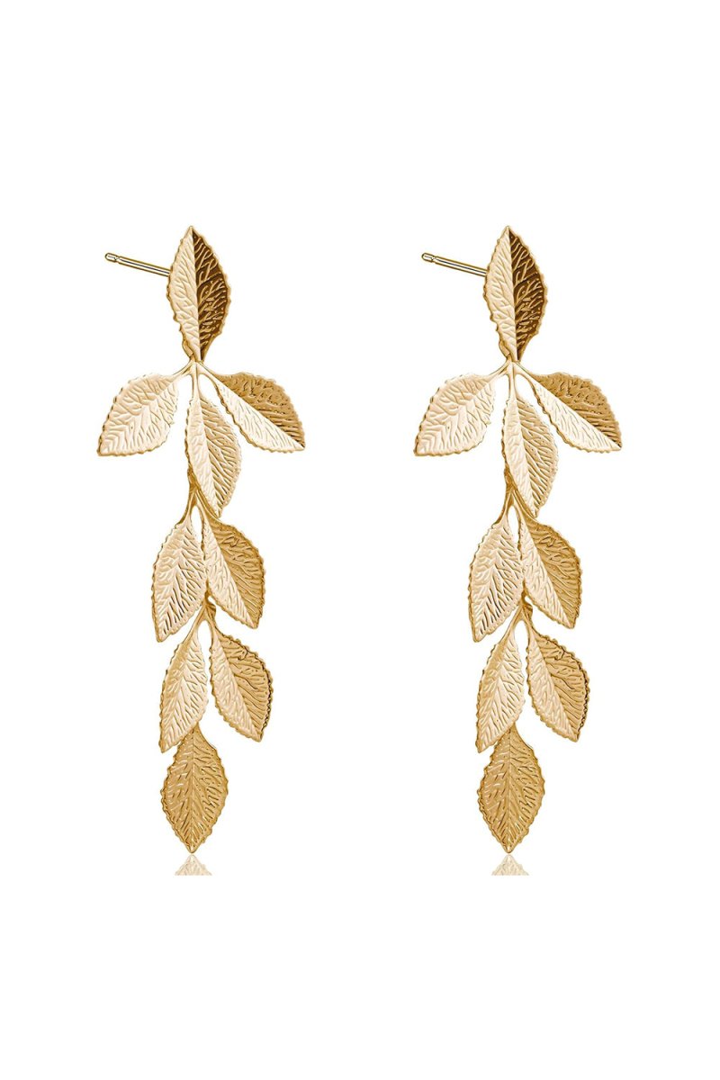 Gold Long Leaf Stud Earrings