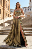 Metallic Keyhole Spaghetti Strap Long Prom Dress with Slit - KISSPROM PROM DRESSES