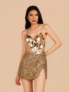 Nelly | Red Mirror-Cut Sequins Halter Sheath V Neck Homecoming Dress