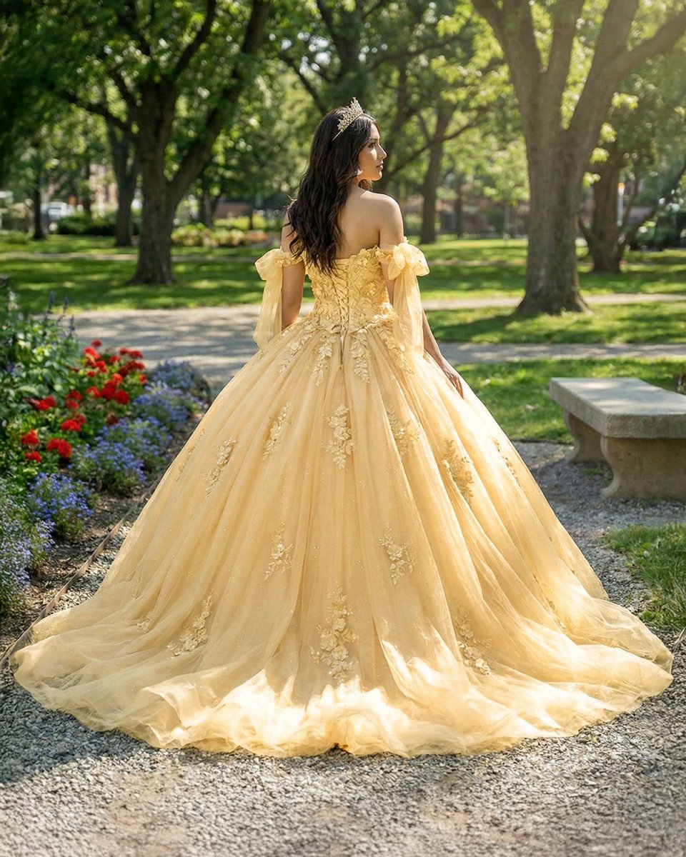 Gold Off Shoulder Tulle Quinceanera Dresses With Lace Appliques Gold / 14 Gold Off Shoulder Tulle Quinceanera Dresses With Lace Appliques Gold / 14