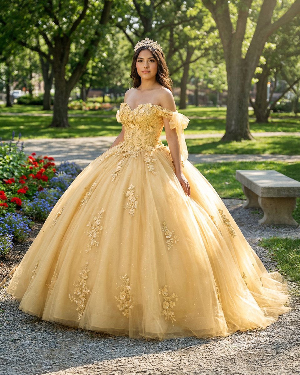 shop gold dresses KissProm Off Shoulder Tulle Quinceanera With Lace Appliques, Golden / 14 Ideal for evenings filled BPJZIM Summer Dresses for EDIT_HAMPTON_26PF Color:Lillikoi