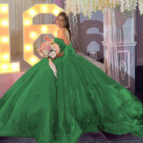 Gold Off Shoulder Tulle Quinceanera Dresses With Lace Appliques Green / 4 Gold Off Shoulder Tulle Quinceanera Dresses With Lace Appliques Green / 4