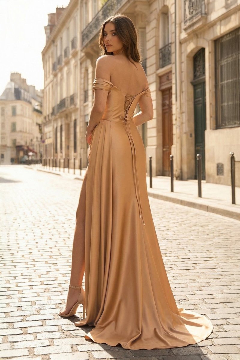 slim fit dress slacks Adelaide Dusty Blue Mermaid Satin Off the Shoulder Long Prom Dress with Slit