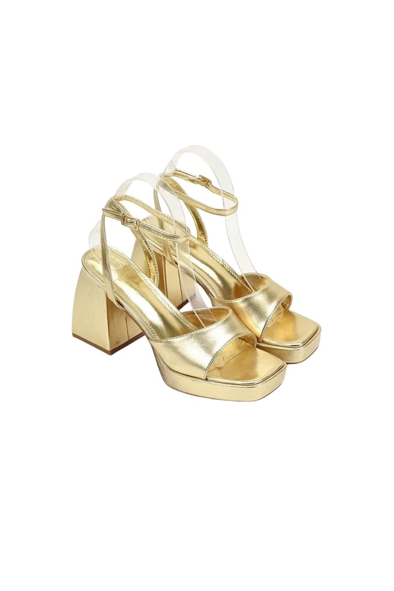 Gold Peep Toe Ankle Strap Chunky Heel Prom Shoes - KissProm