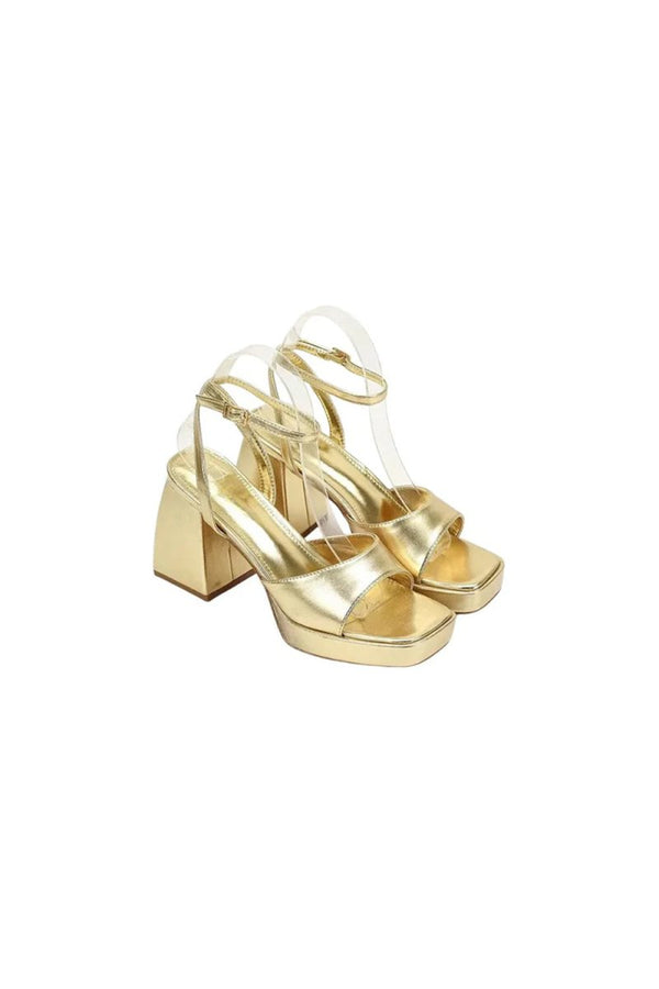 Gold Peep Toe Ankle Strap Chunky Heel Prom Shoes - KissProm