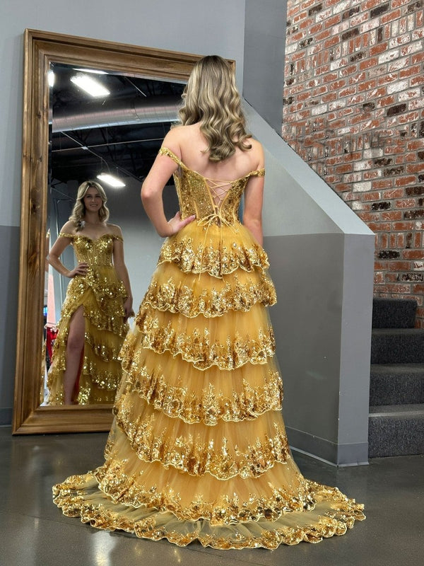 KissProm Princess A Line Off the Shoulder Corset Prom Dress with Lace Ruffles, Golden / 8
