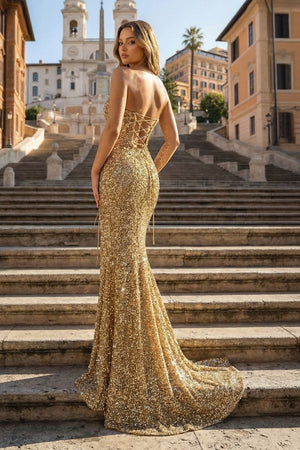 slim fit dress slacks Gold Sweetheart Beaded Sparkles Court Train Flowers Prom Dresses main image 0