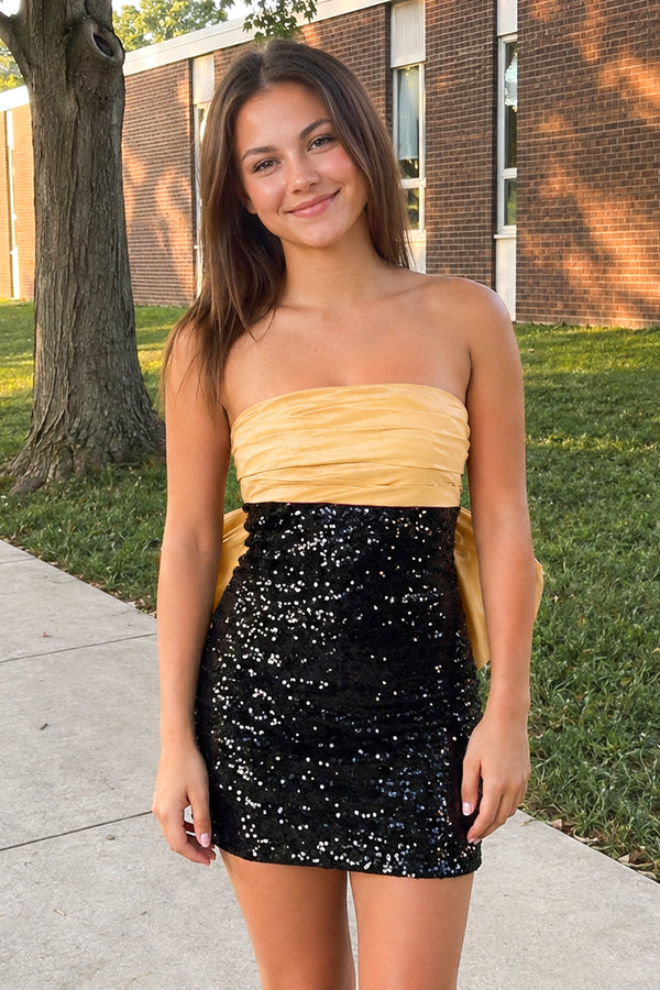 Gold Sheath Strapless Sequined Bow Mini Party Dresses | KISSPROM
