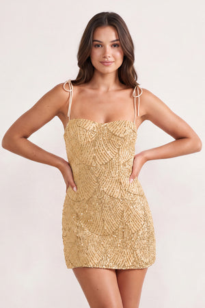 Gold Sparkly Sequin Sheath Bow Spaghetti Straps Homecoming Dress (3) | KISSPROM