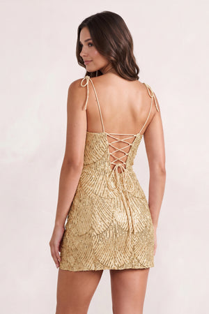 Gold Sparkly Sequin Sheath Bow Spaghetti Straps Homecoming Dress (4) | KISSPROM