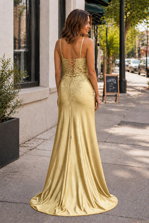 Sheath Spaghetti Straps Black Satin Long Prom Dresses with Lace Appliques – Prom Dress by KissProm | Available at KissProm