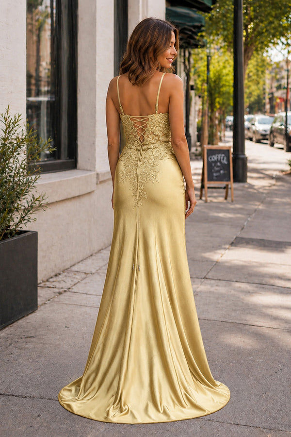 Sheath Spaghetti Straps Black Satin Long Prom Dresses with Lace Appliques – Prom Dress by KissProm | Available at KissProm