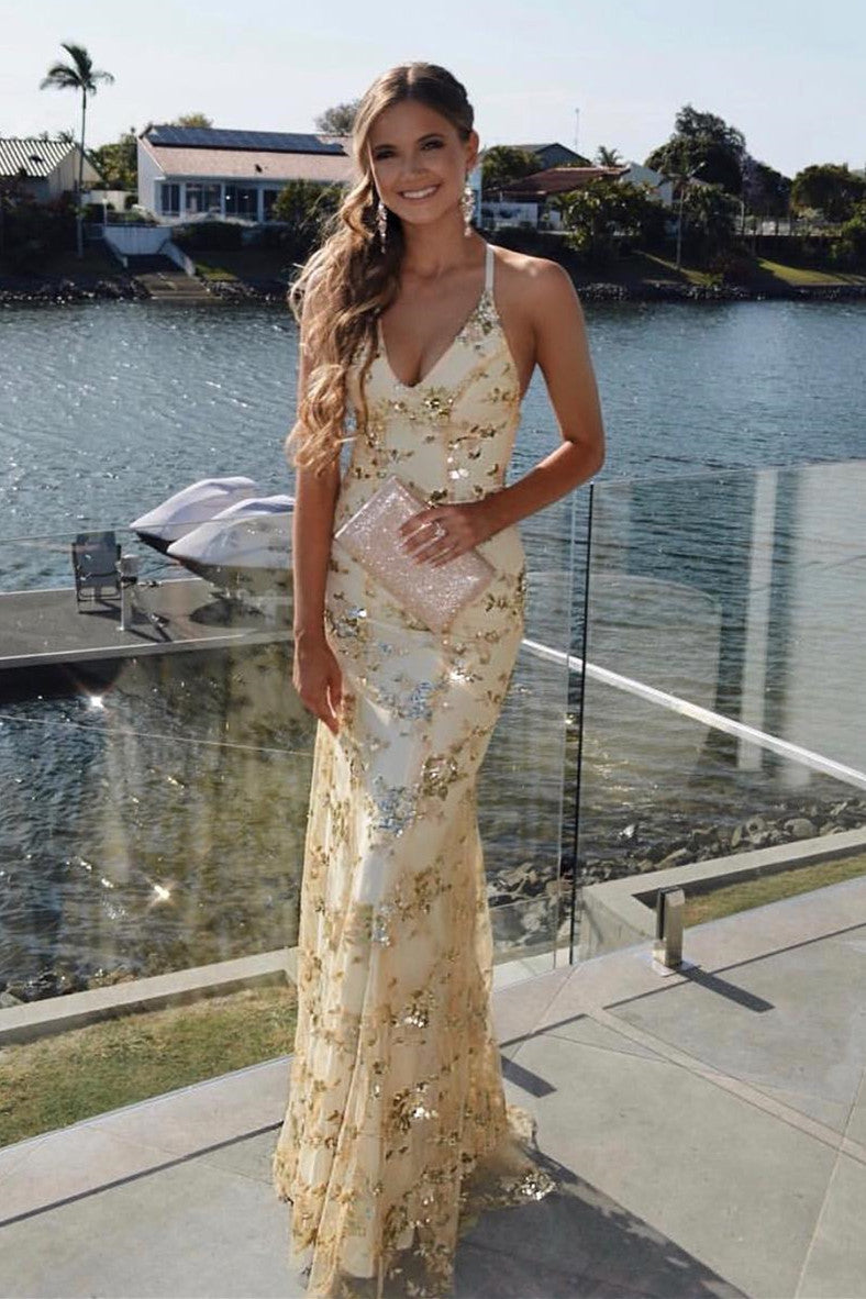 Kara | Lace-Up Mermaid Long Gold Prom Dress with Sequins
