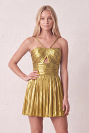 Golden A-Line Metallic Spaghetti Strap Pleated Homecoming Dress | KISSPROM