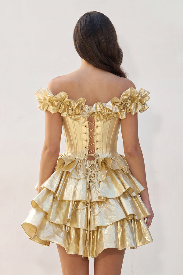 Golden A-Line Off-the-Shoulder Corset Ruffle Tiered Homecoming Dress (2) | KISSPROM