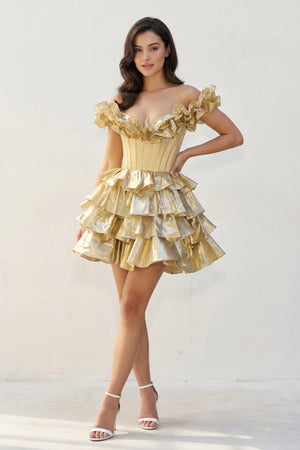 Golden A-Line Off-the-Shoulder Corset Ruffle Tiered Homecoming Dress (3) | KISSPROM